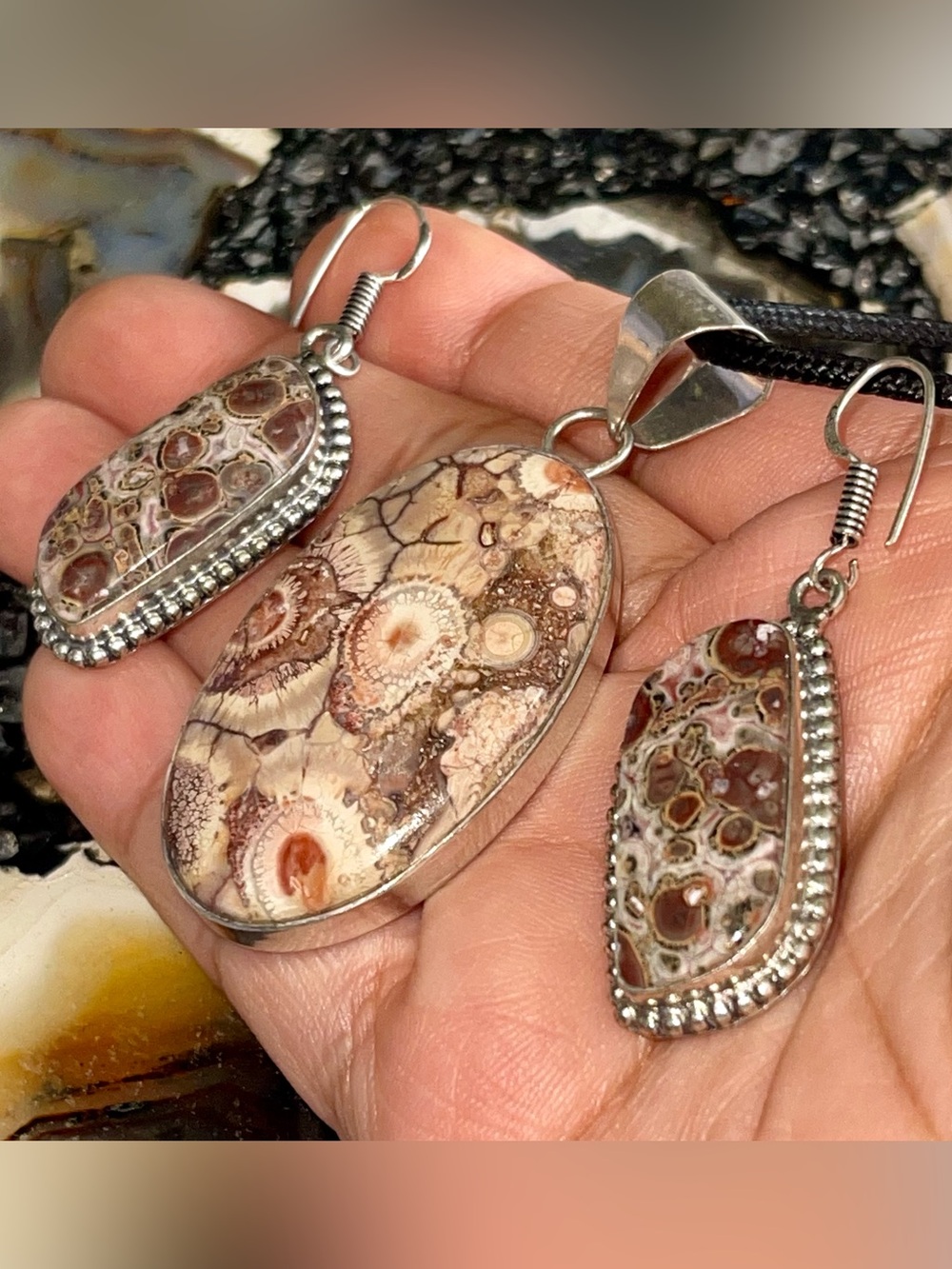Leopardite & Birdseye Jasper Pendant & Earrings Set